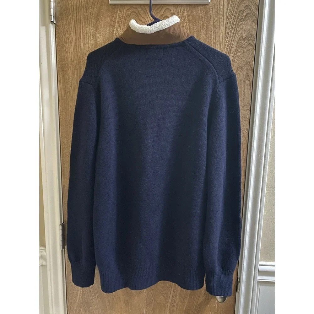 Orvis Men's Navy Blue Lambs Wool Pullover Sweater  Suede Sherpa Collar 1/4 Zip M